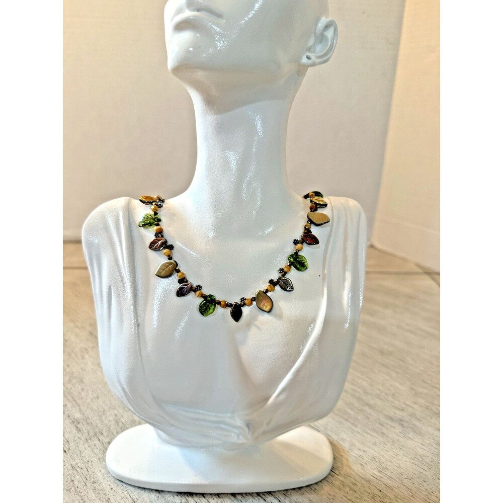 14/20 Gold Filled‎ Multicolor Leaf Bead Necklace Autum Czech Glass Style Vintage